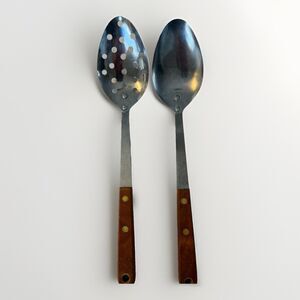 Robinson Knife Co Stainless USA Slotted Serving Spoons Wood Handle Set 12"